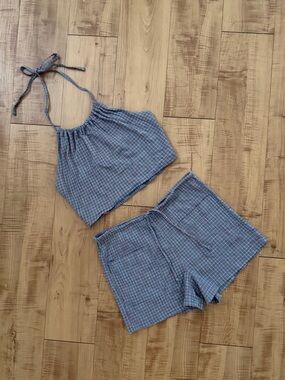 Vintage Cotton Plaid Halter Crop Top & Shorts Set